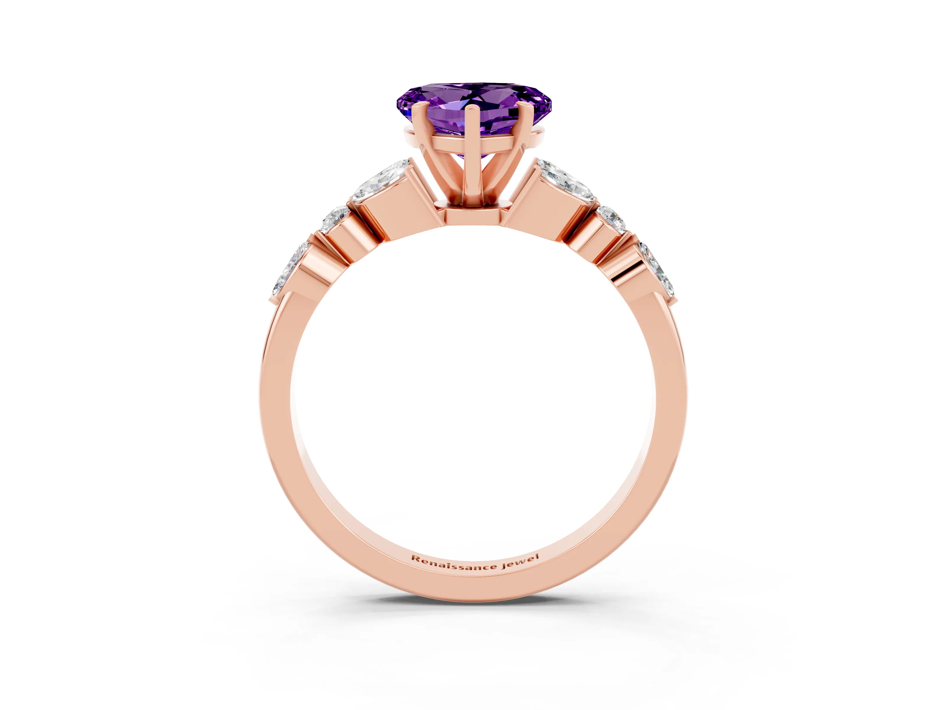 Rose gold Heart Cut Amethyst Solitaire Ring with Side Stones and Four-Prong Setting_15