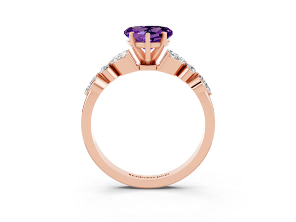 Rose gold Heart Cut Amethyst Solitaire Ring with Side Stones and Four-Prong Setting