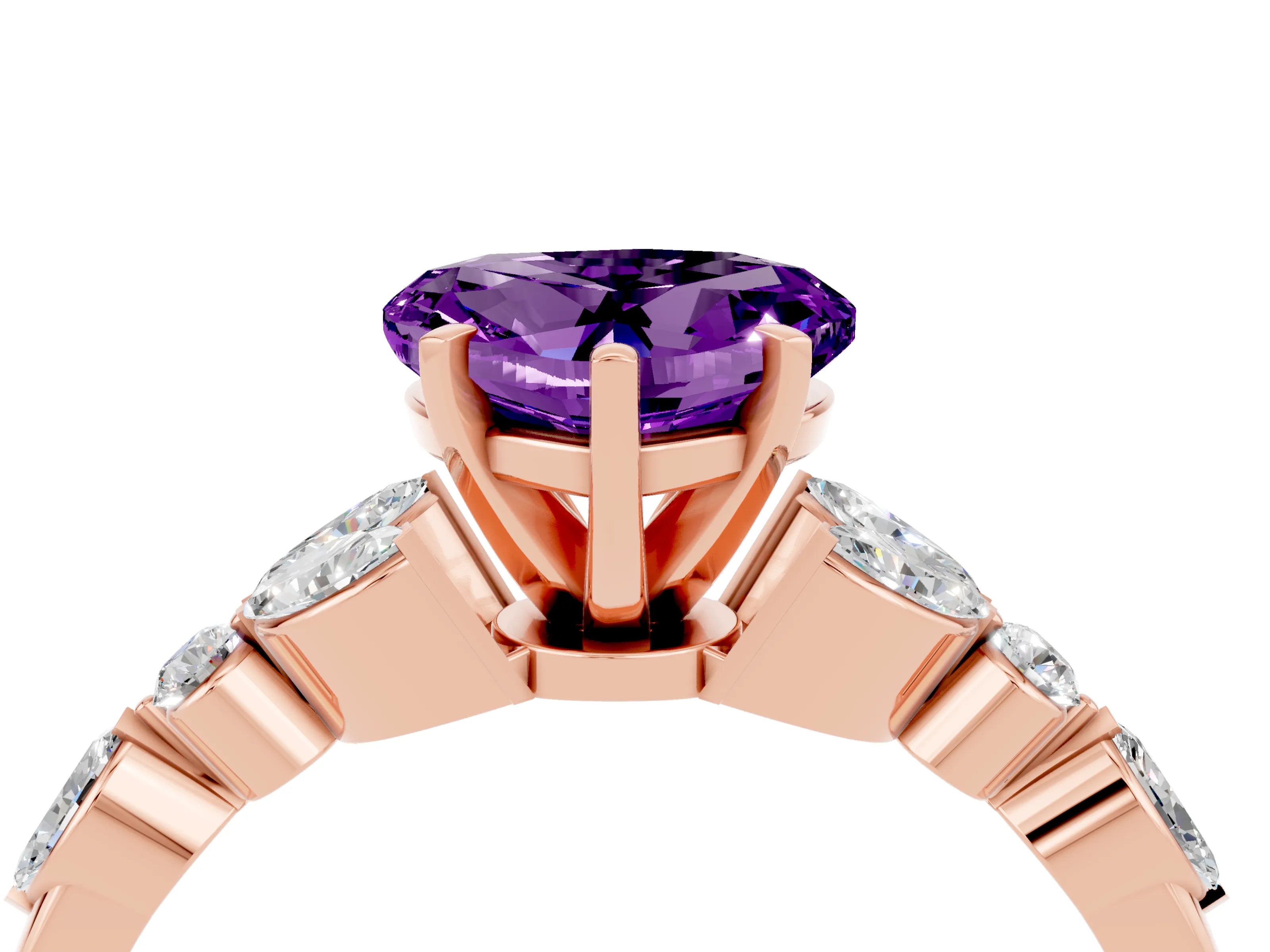 Rose gold Heart Cut Amethyst Solitaire Ring with Side Stones and Four-Prong Setting_16