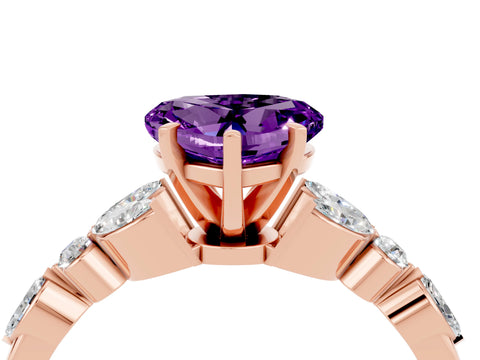 Rose gold Heart Cut Amethyst Solitaire Ring with Side Stones and Four-Prong Setting_16