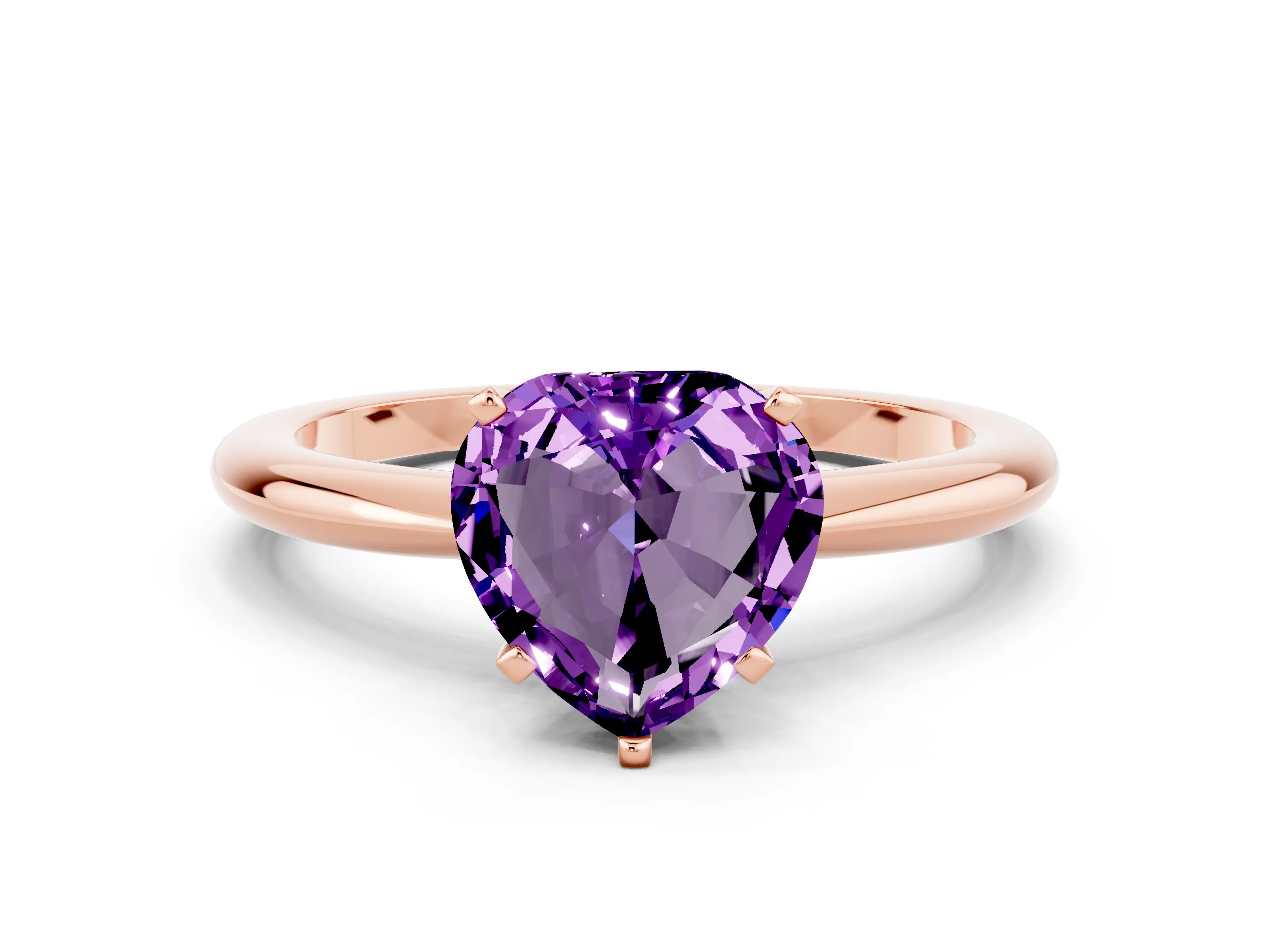 Rose gold Heart Cut Amethyst Solitaire Ring with Six-Prong Setting and Classic Band