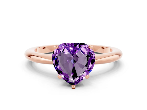 Rose gold Heart Cut Amethyst Solitaire Ring with Six-Prong Setting and Classic Band