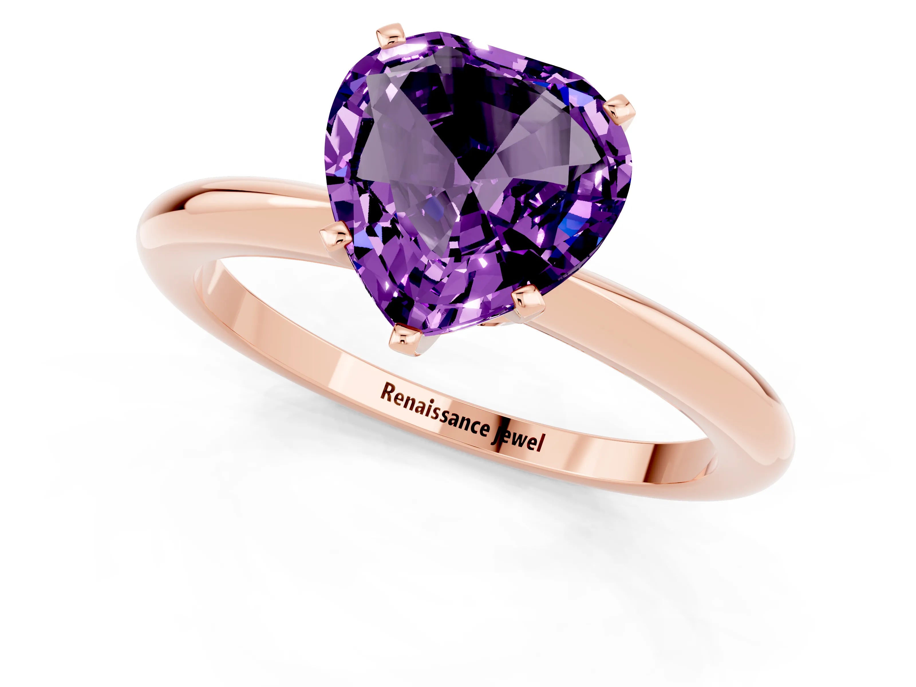 Rose gold Heart Cut Amethyst Solitaire Ring with Six-Prong Setting and Classic Band_1