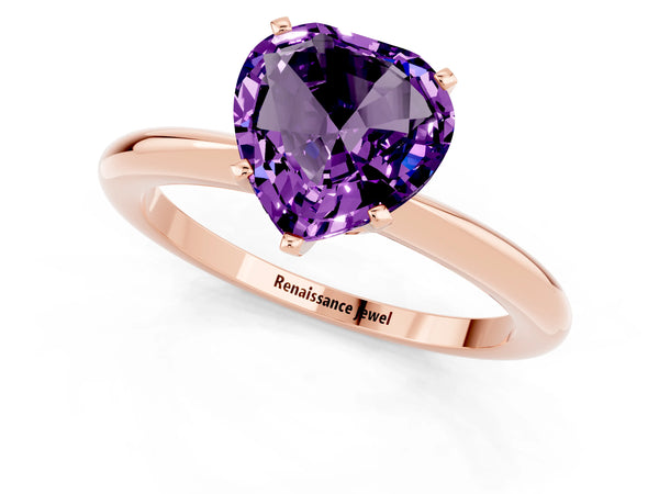 Rose gold Heart Cut Amethyst Solitaire Ring with Six-Prong Setting and Classic Band