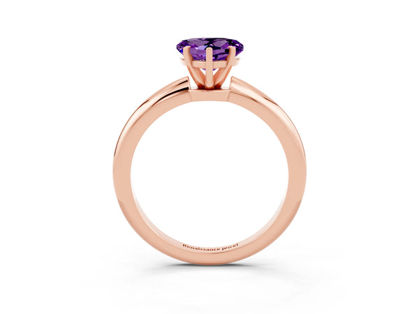 Rose gold Heart Cut Amethyst Solitaire Ring with Six-Prong Setting and Classic Band