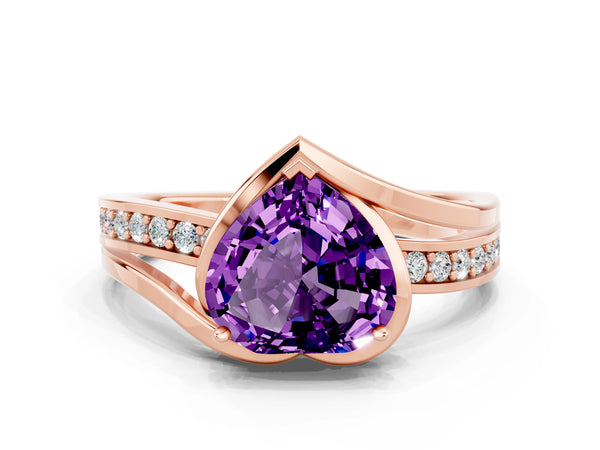 Rose gold Heart Cut Amethyst Solitaire Ring with Split Shank and Prong Setting