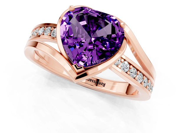 Rose gold Heart Cut Amethyst Solitaire Ring with Split Shank and Prong Setting