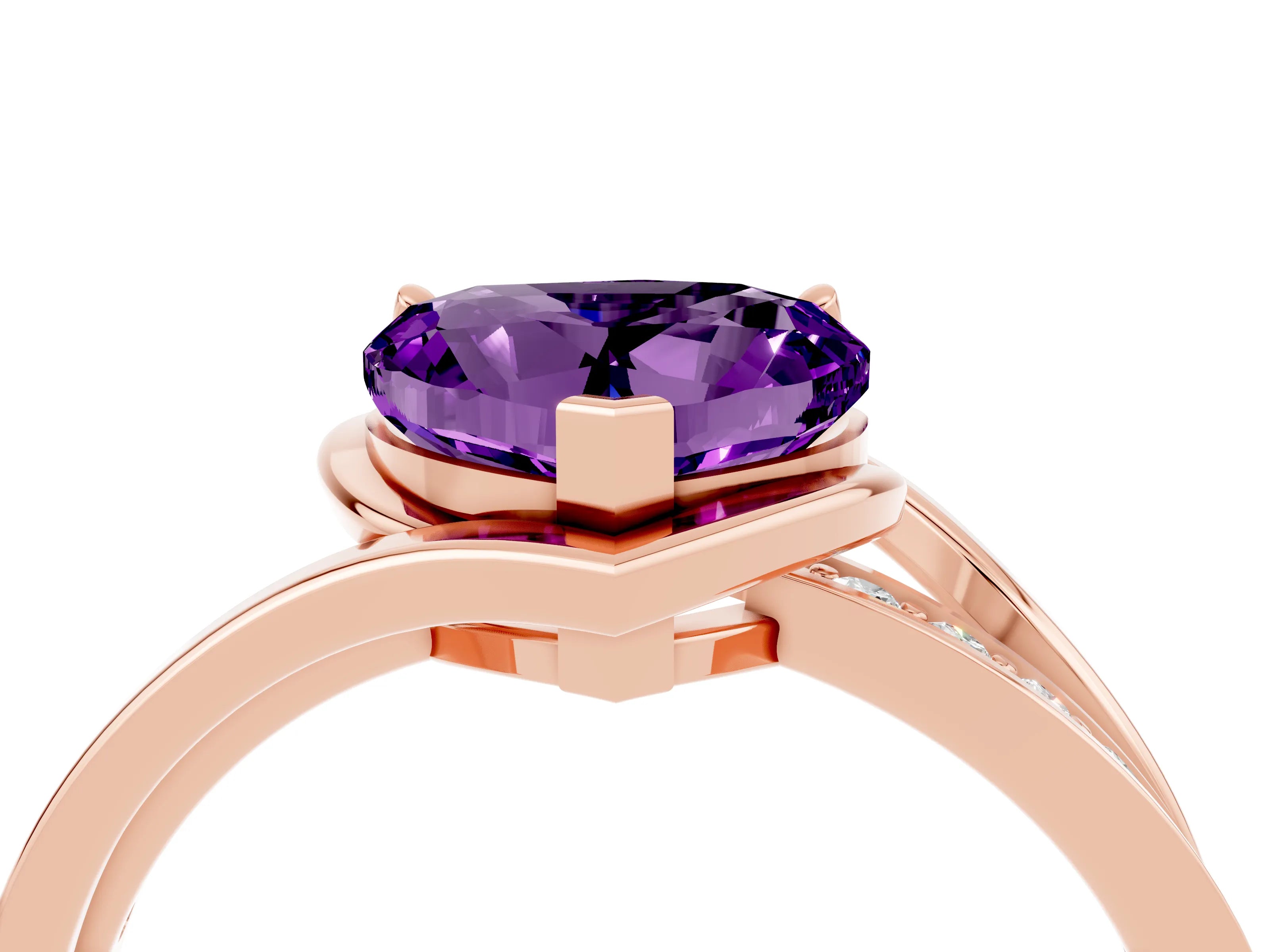 Rose gold Heart Cut Amethyst Solitaire Ring with Split Shank and Prong Setting_4