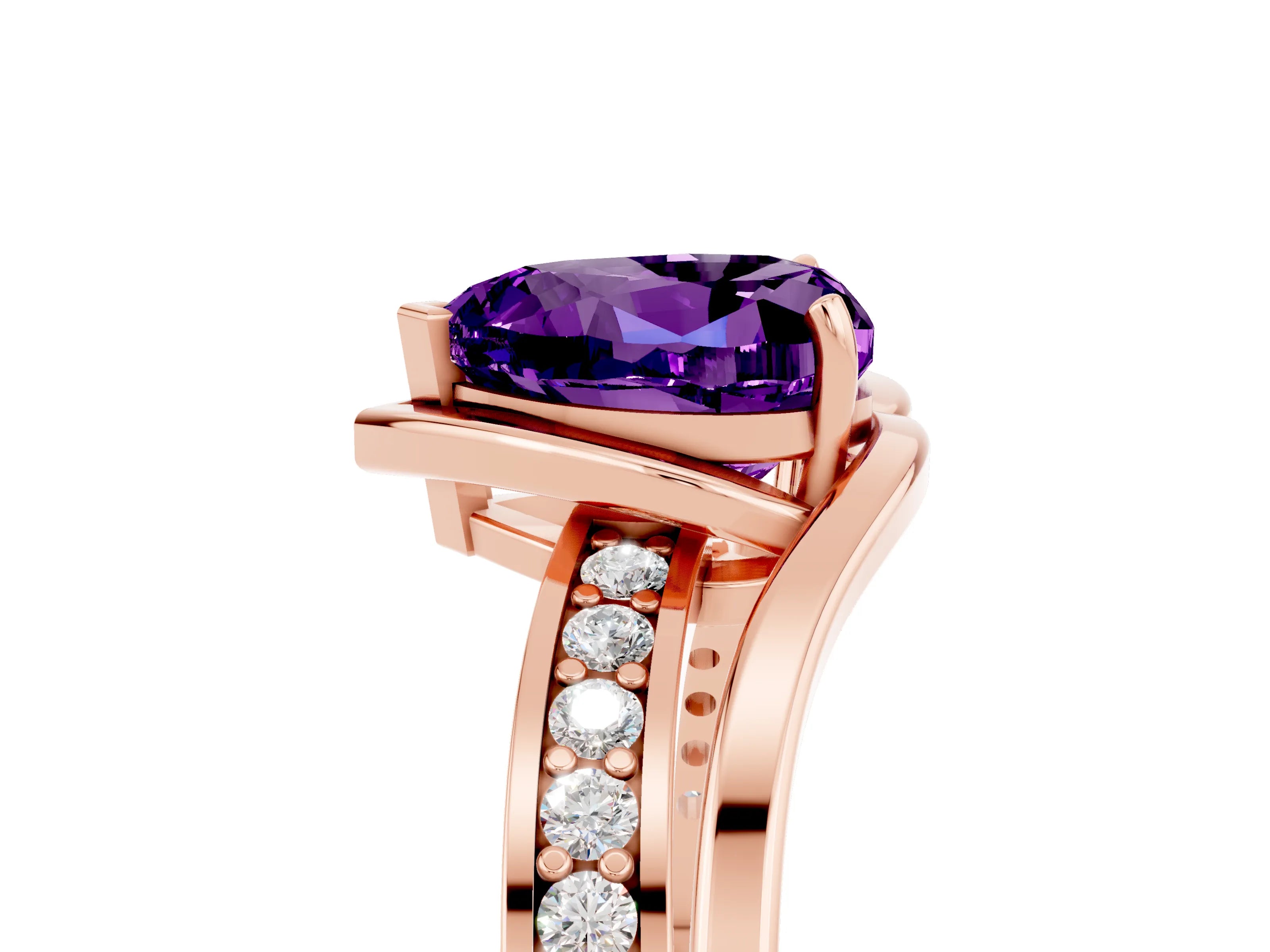Rose gold Heart Cut Amethyst Solitaire Ring with Split Shank and Prong Setting_5
