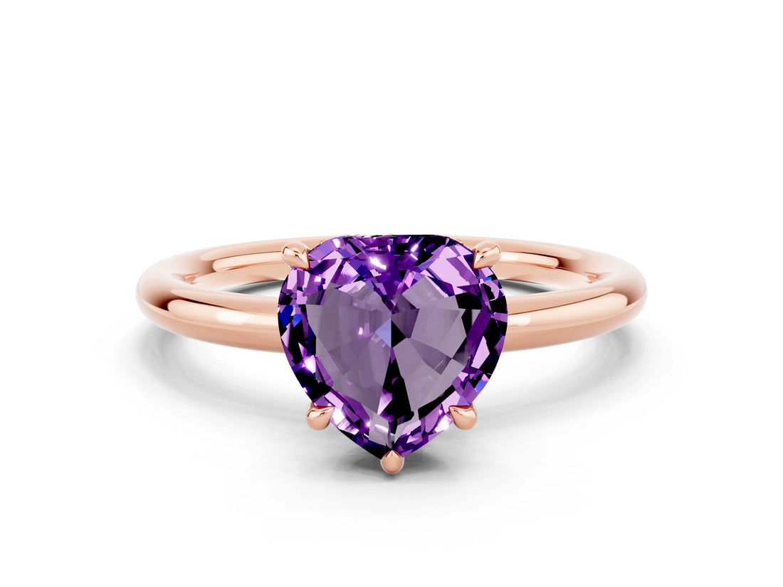 Rose gold Heart Cut Amethyst Solitaire Ring with Thin Band and Four-Prong Setting