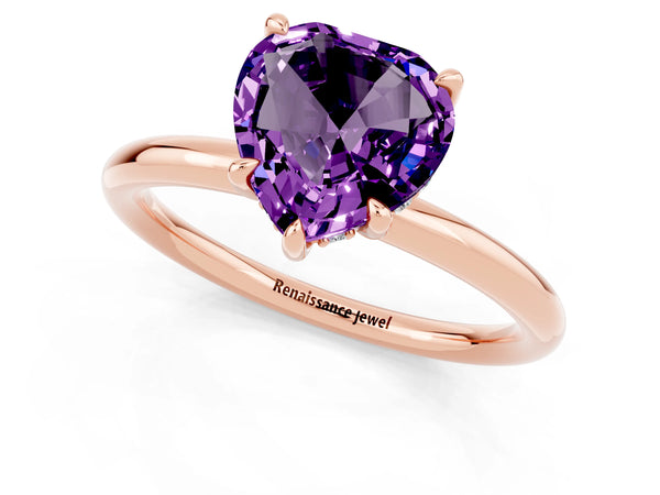 Rose gold Heart Cut Amethyst Solitaire Ring with Thin Band and Four-Prong Setting