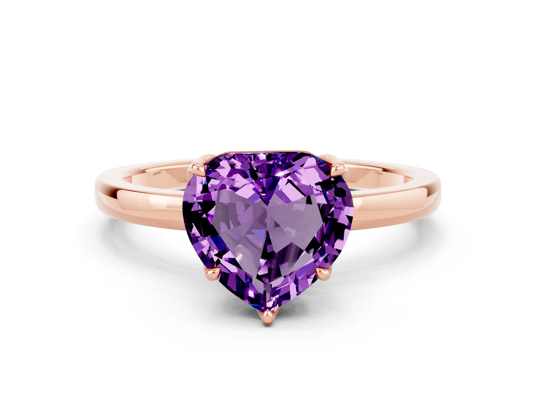 Rose gold Heart Cut Amethyst Solitaire Ring with Thin Band and Prong Setting_12