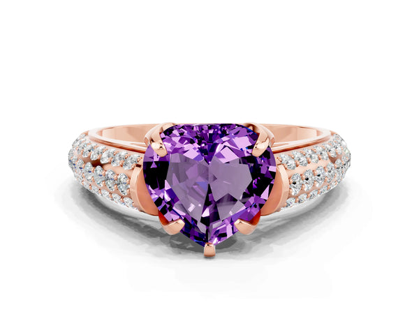Rose gold Heart Cut Amethyst Solitaire Ring with Three-Row Pavé Band and Four-Prong Setting