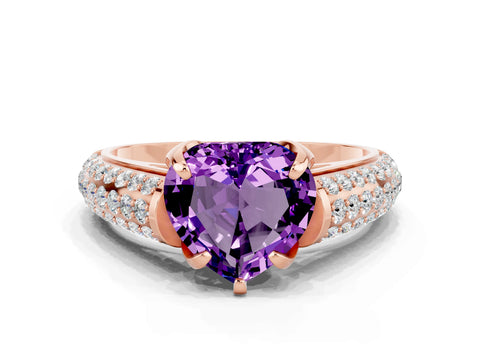 Rose gold Heart Cut Amethyst Solitaire Ring with Three-Row Pavé Band and Four-Prong Setting_12