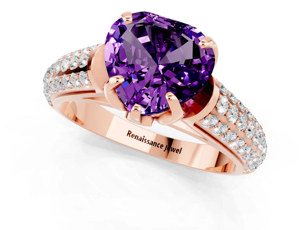Rose gold Heart Cut Amethyst Solitaire Ring with Three-Row Pavé Band and Four-Prong Setting