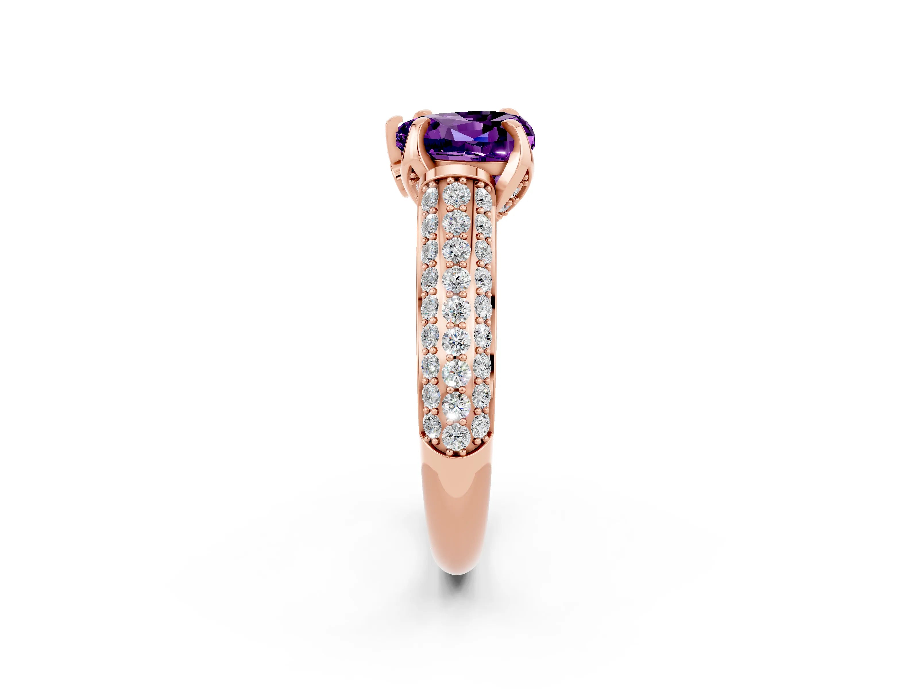 Rose gold Heart Cut Amethyst Solitaire Ring with Three-Row Pavé Band and Four-Prong Setting_14
