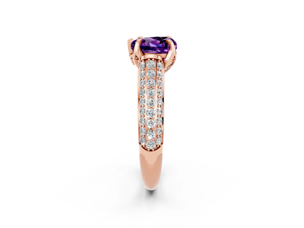 Rose gold Heart Cut Amethyst Solitaire Ring with Three-Row Pavé Band and Four-Prong Setting