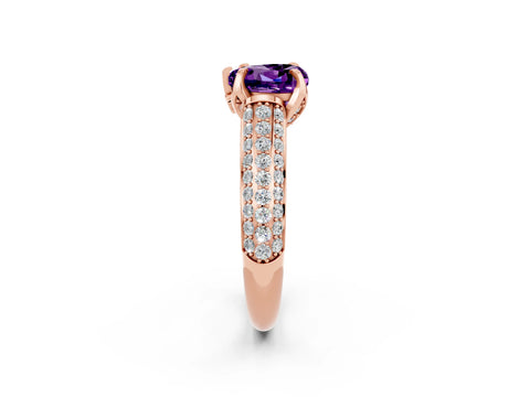 Rose gold Heart Cut Amethyst Solitaire Ring with Three-Row Pavé Band and Four-Prong Setting_14