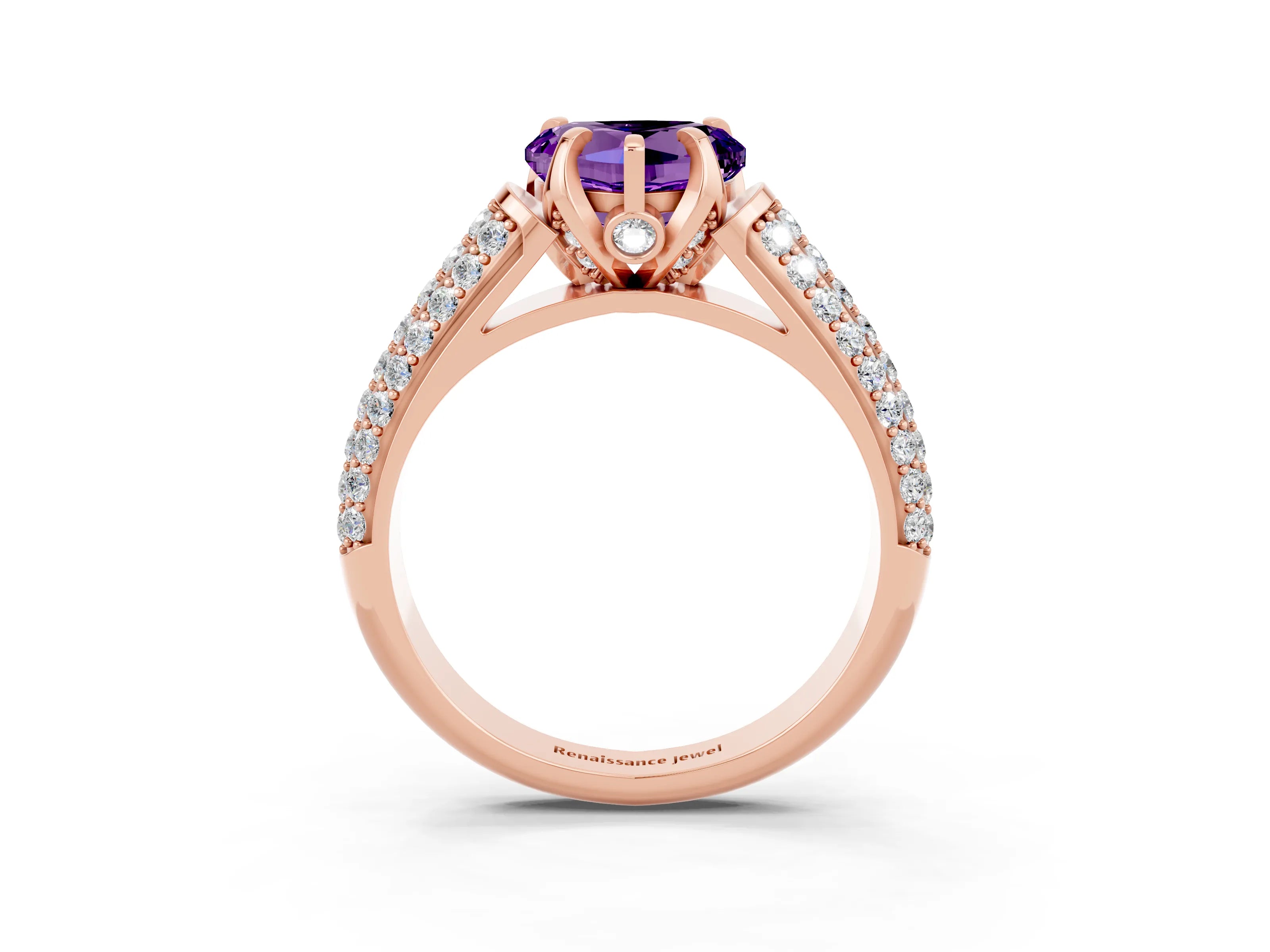 Rose gold Heart Cut Amethyst Solitaire Ring with Three-Row Pavé Band and Four-Prong Setting_15