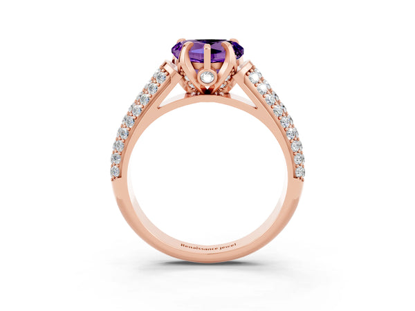 Rose gold Heart Cut Amethyst Solitaire Ring with Three-Row Pavé Band and Four-Prong Setting