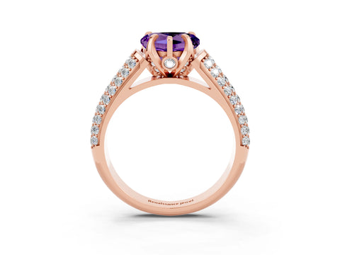 Rose gold Heart Cut Amethyst Solitaire Ring with Three-Row Pavé Band and Four-Prong Setting_15