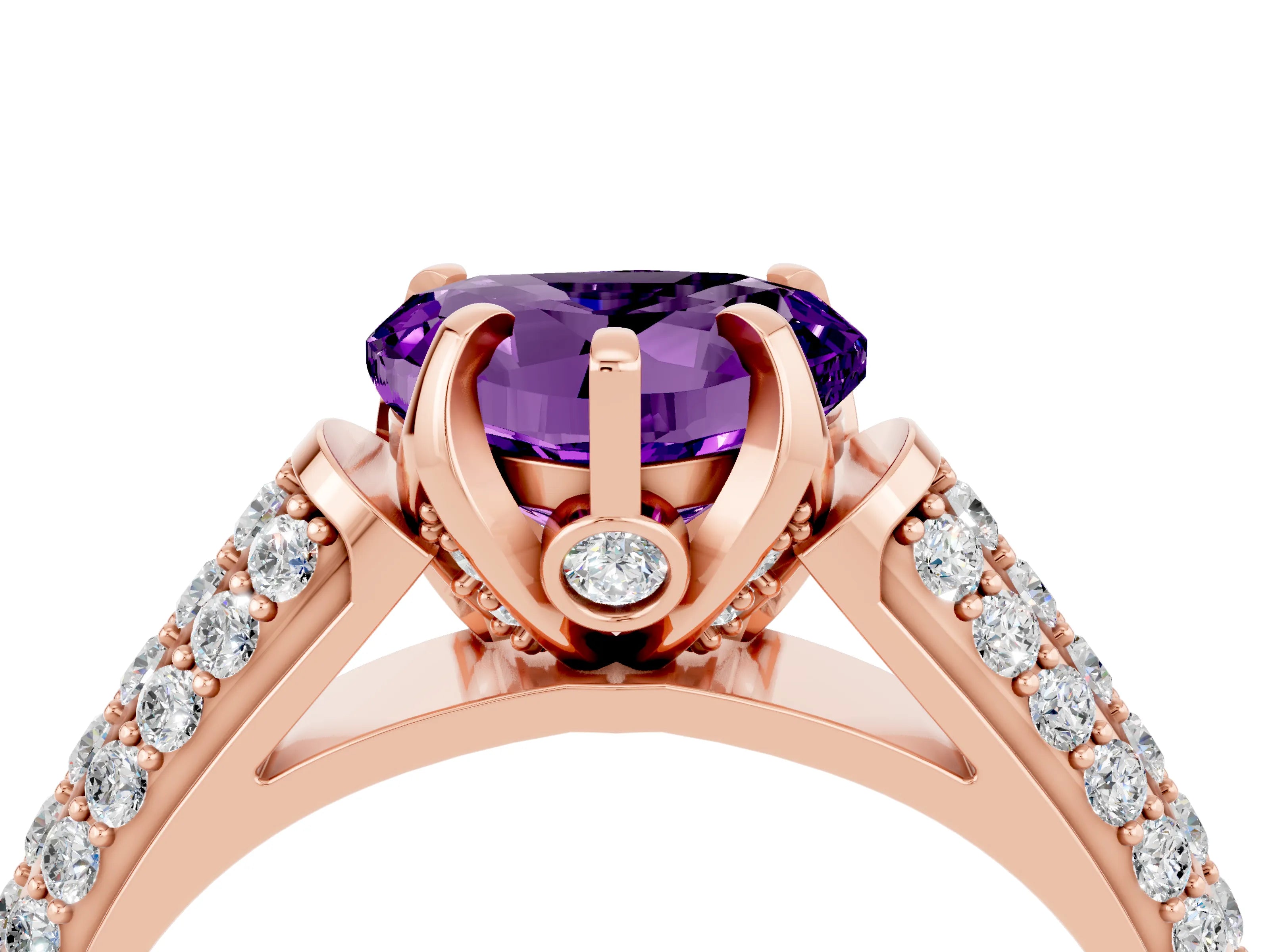Rose gold Heart Cut Amethyst Solitaire Ring with Three-Row Pavé Band and Four-Prong Setting_16