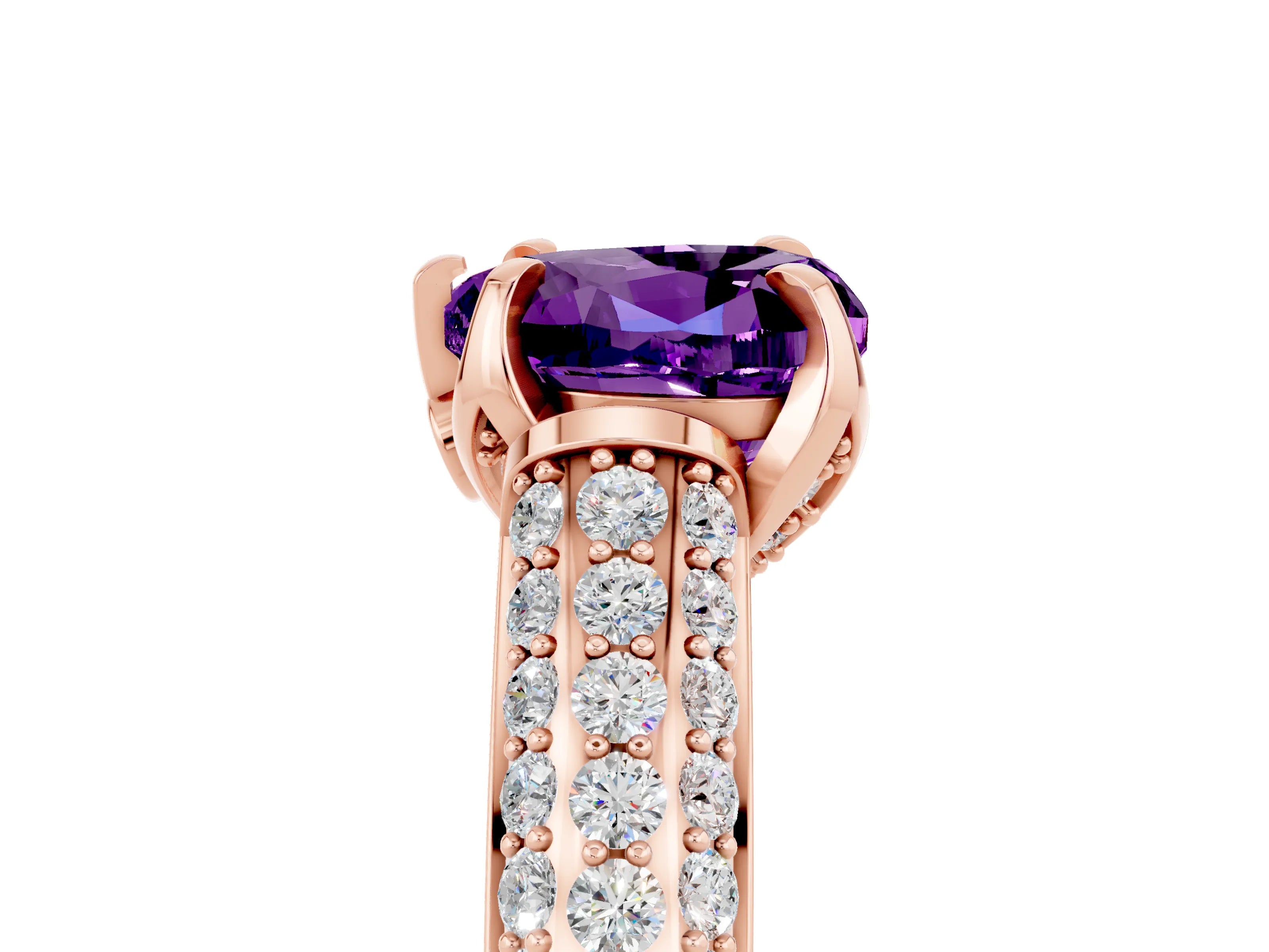 Rose gold Heart Cut Amethyst Solitaire Ring with Three-Row Pavé Band and Four-Prong Setting_17