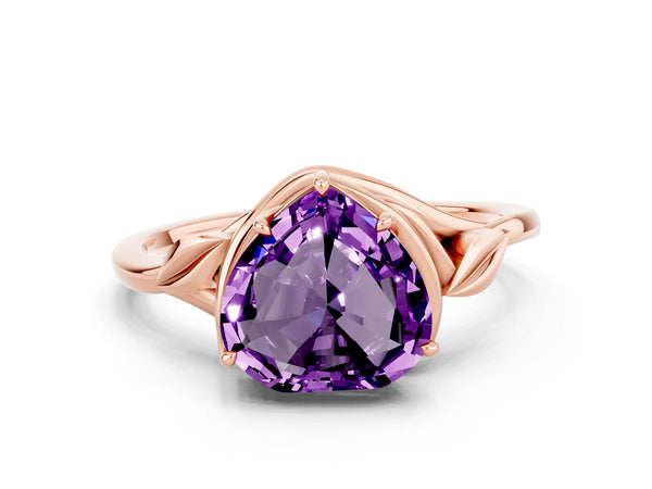 Rose gold Heart Cut Amethyst Solitaire Ring with Twist Band and Four-Prong Setting