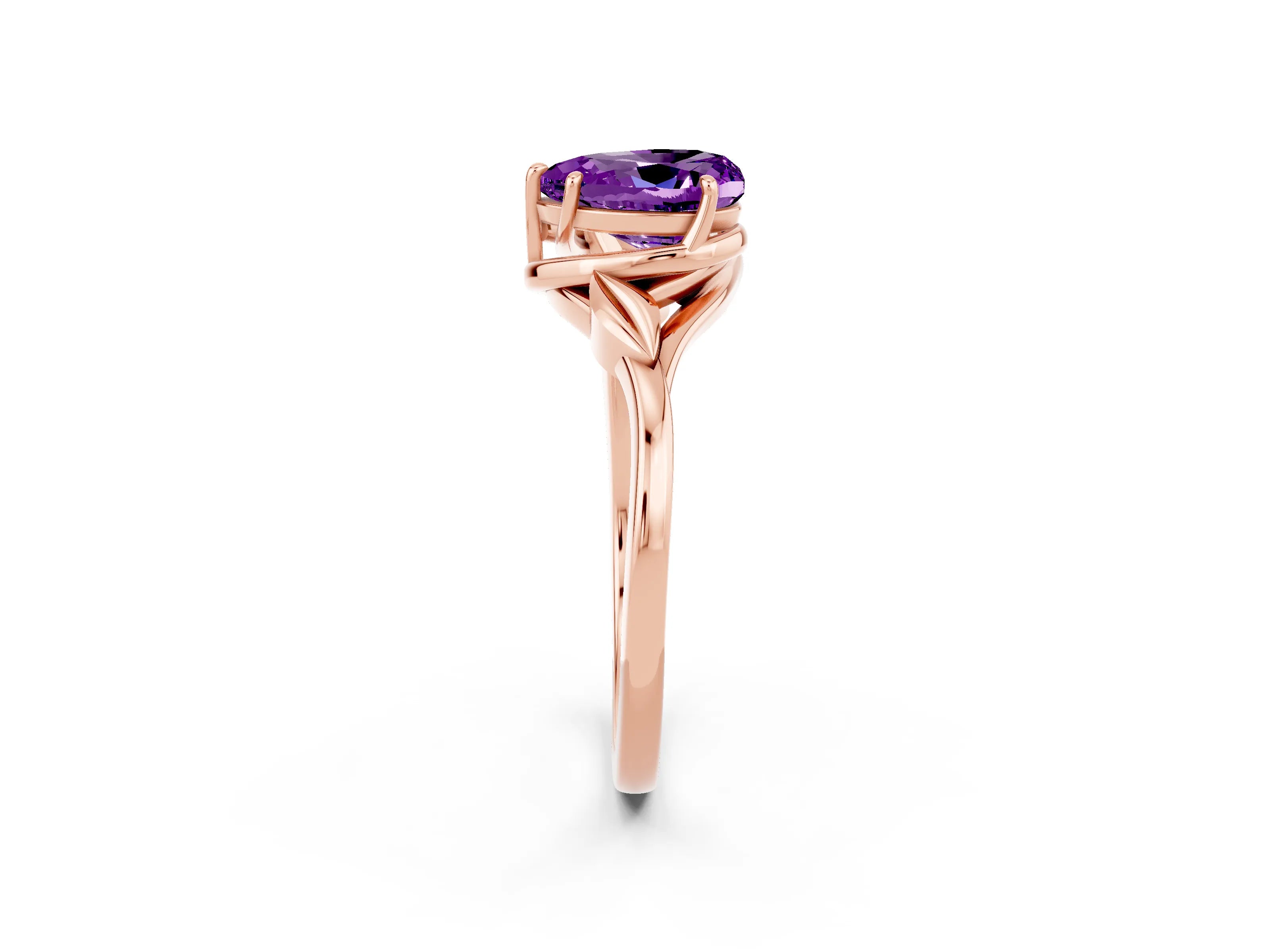 Rose gold Heart Cut Amethyst Solitaire Ring with Twist Band and Four-Prong Setting_26