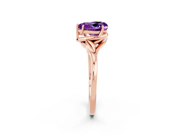 Rose gold Heart Cut Amethyst Solitaire Ring with Twist Band and Four-Prong Setting
