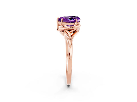 Rose gold Heart Cut Amethyst Solitaire Ring with Twist Band and Four-Prong Setting_26