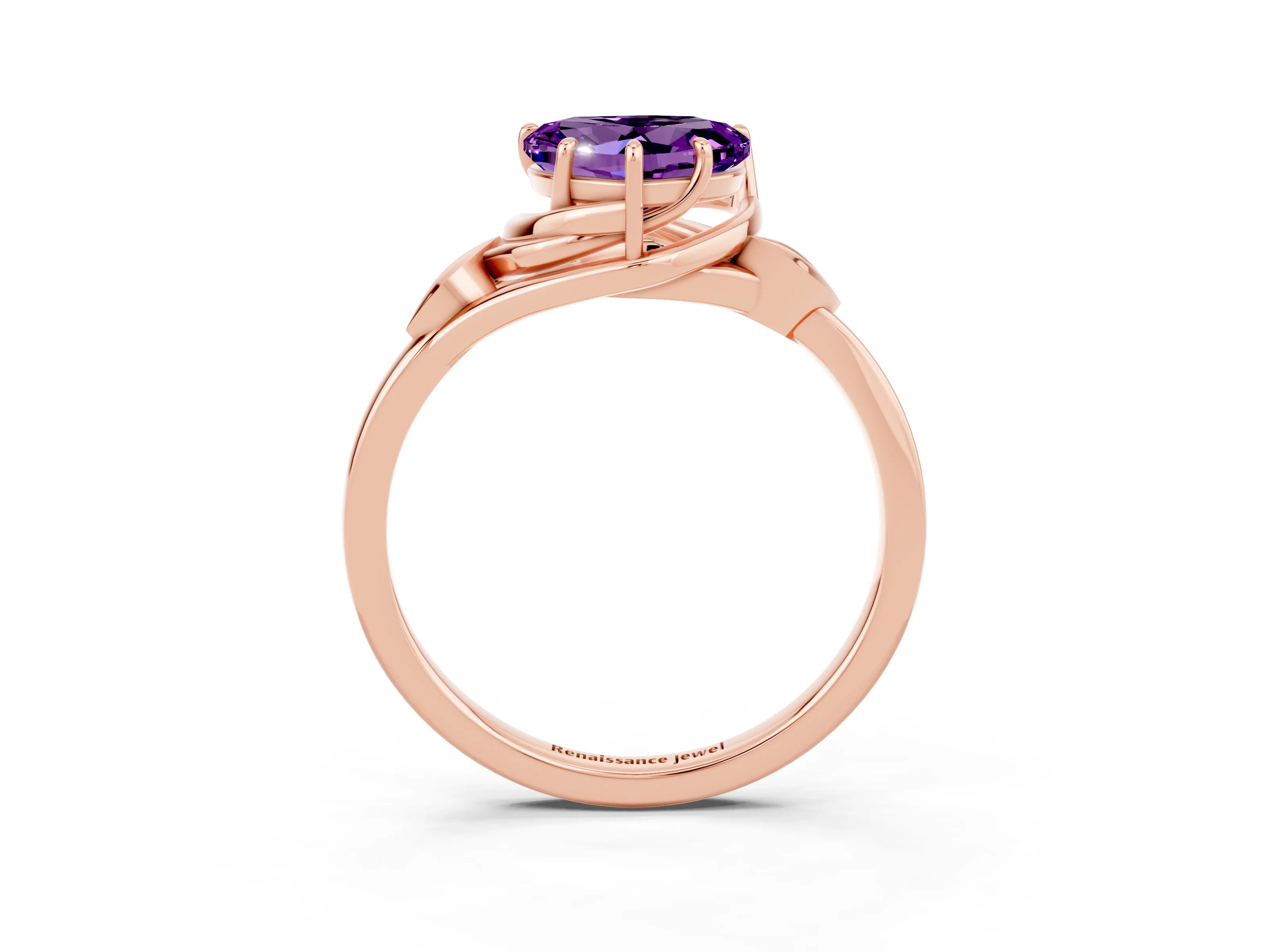 Rose gold Heart Cut Amethyst Solitaire Ring with Twist Band and Four-Prong Setting_27
