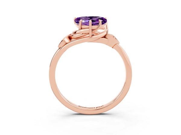 Rose gold Heart Cut Amethyst Solitaire Ring with Twist Band and Four-Prong Setting