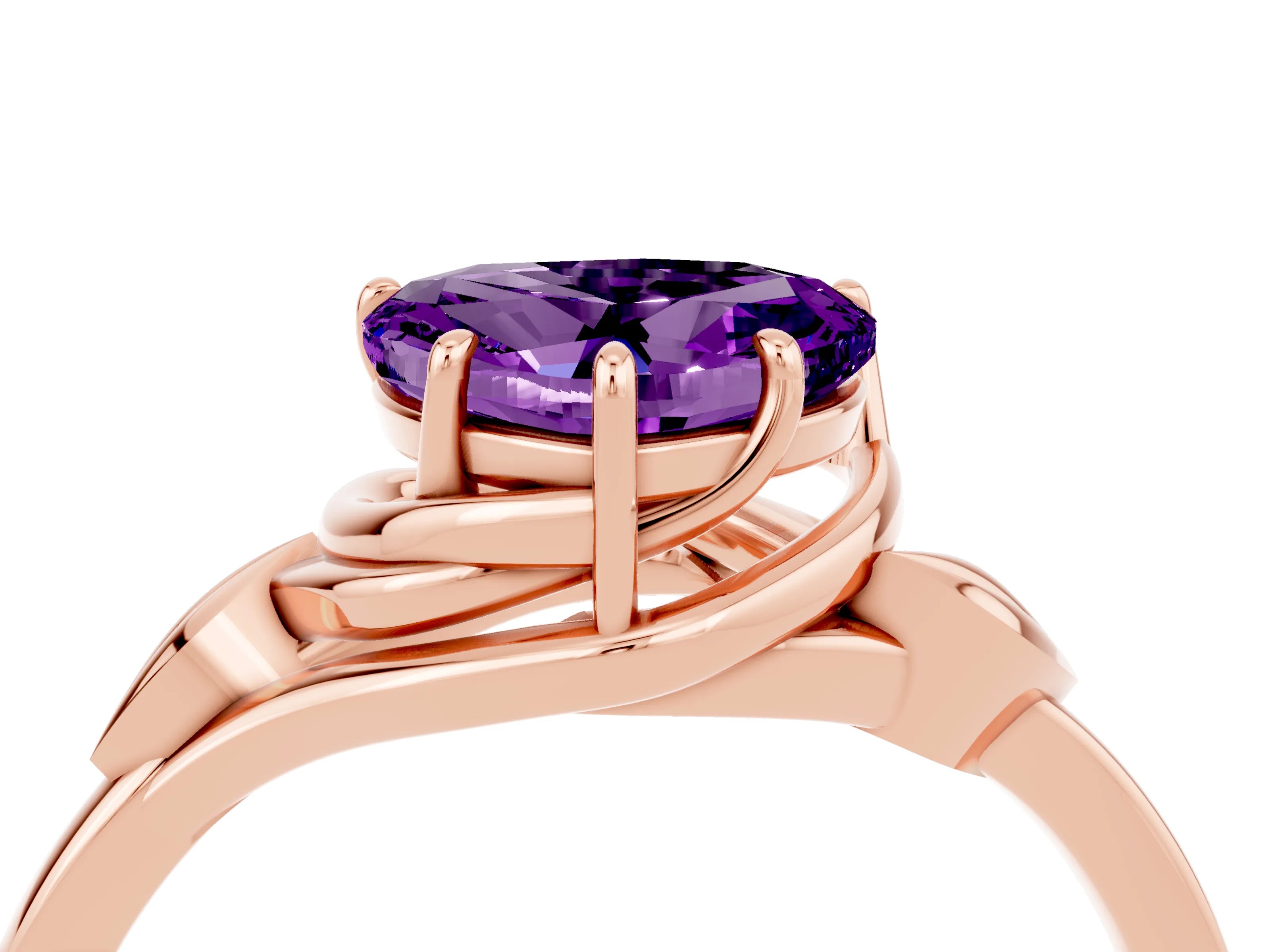 Rose gold Heart Cut Amethyst Solitaire Ring with Twist Band and Four-Prong Setting_28
