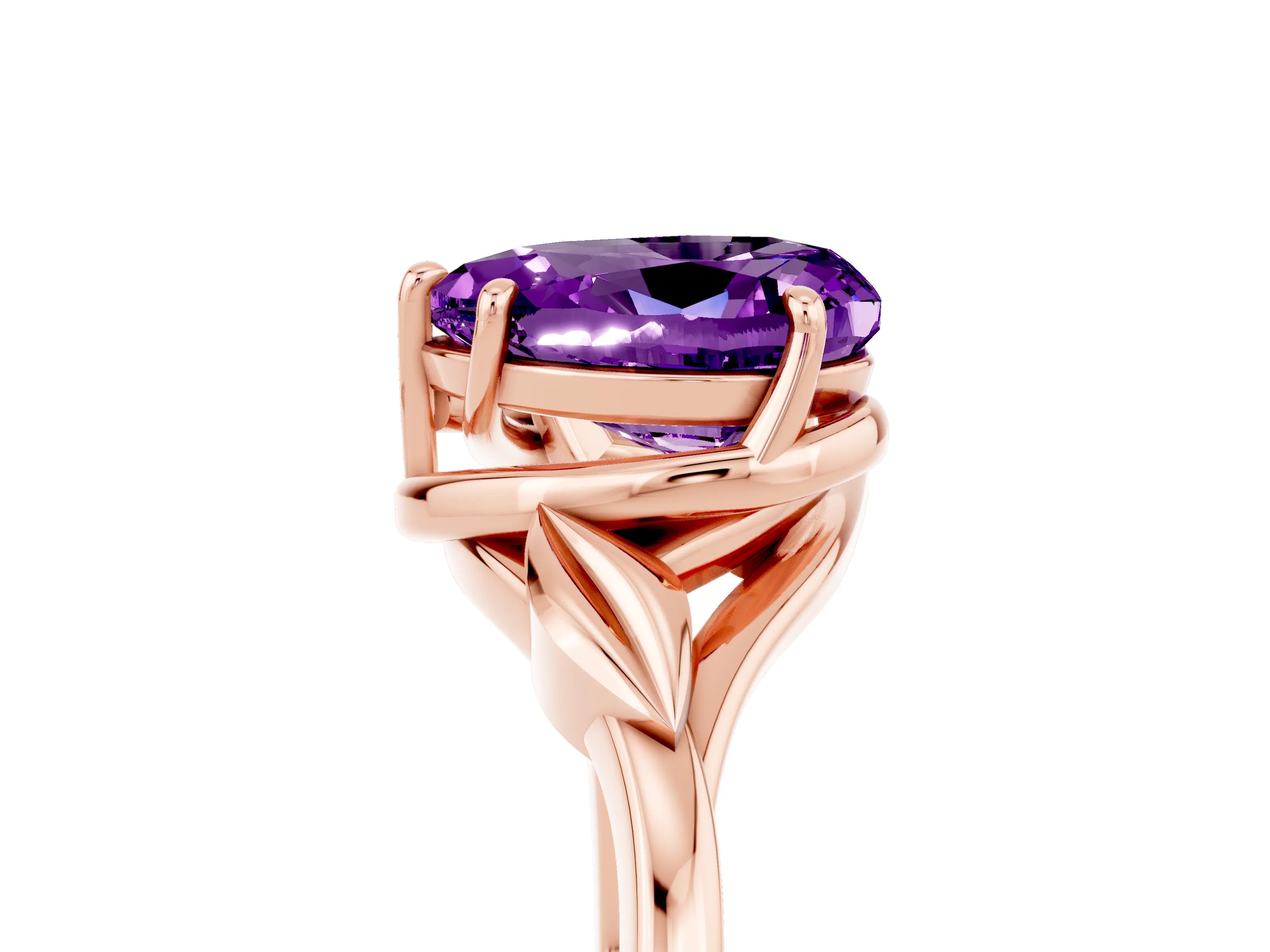 Rose gold Heart Cut Amethyst Solitaire Ring with Twist Band and Four-Prong Setting_29