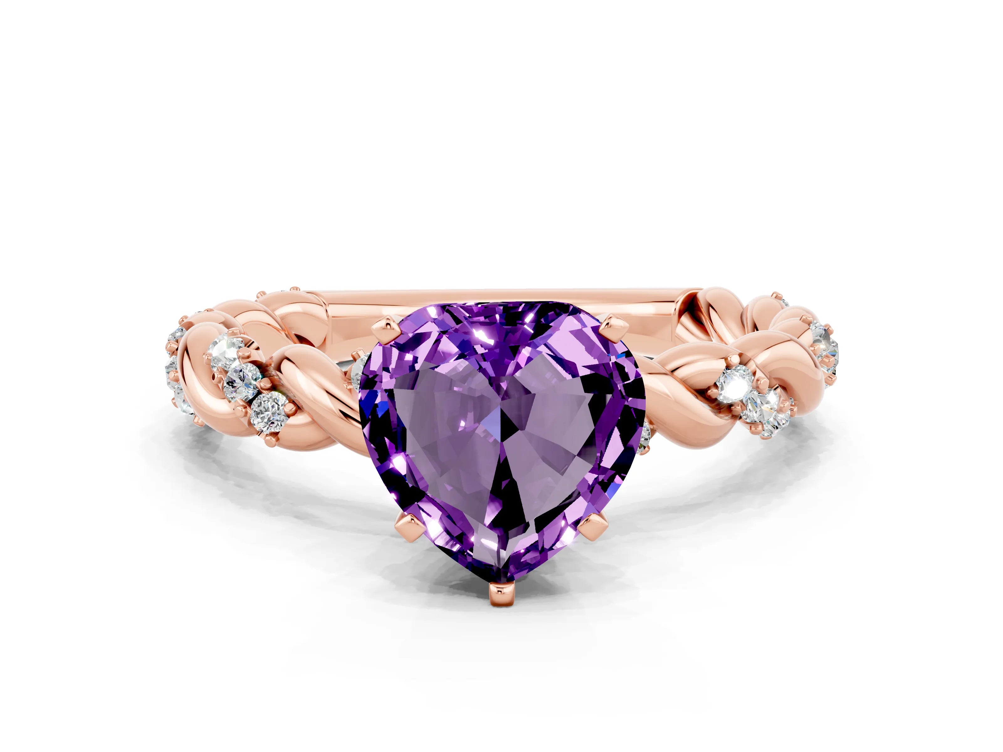Rose gold Heart Cut Amethyst Solitaire Ring with Twisted Band and Pavé Accents