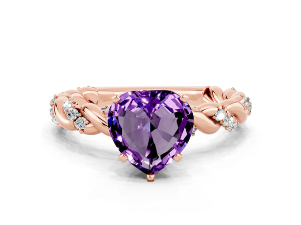 Rose gold Heart Cut Amethyst Solitaire Ring with Twisted Band and Pavé Accents