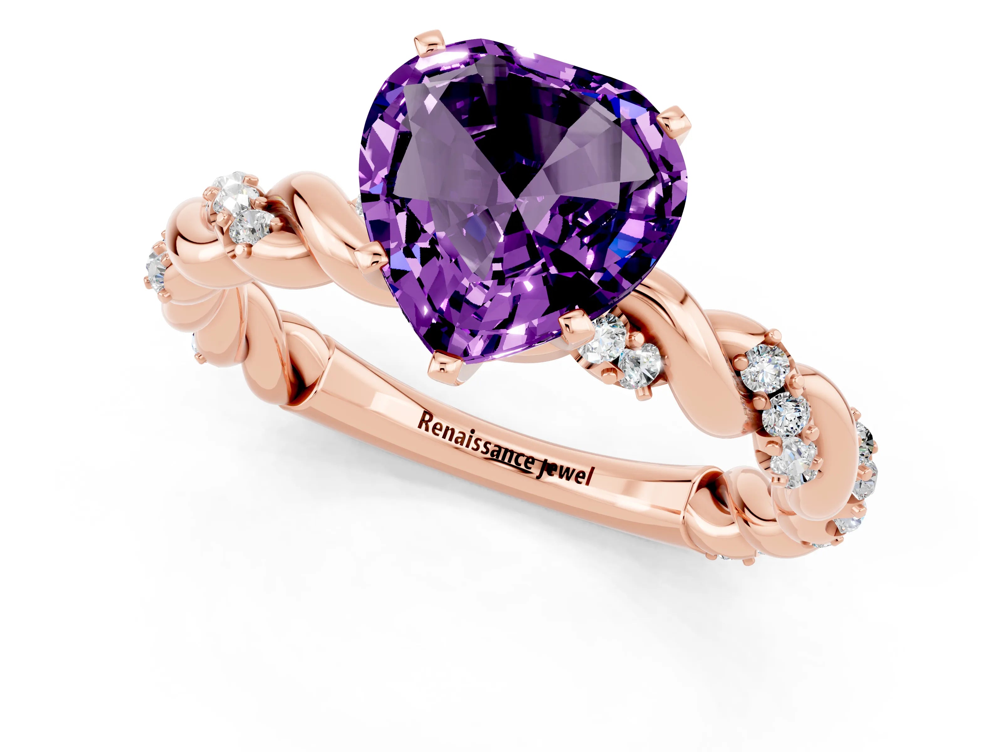 Rose gold Heart Cut Amethyst Solitaire Ring with Twisted Band and Pavé Accents_1