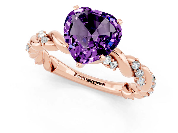 Rose gold Heart Cut Amethyst Solitaire Ring with Twisted Band and Pavé Accents