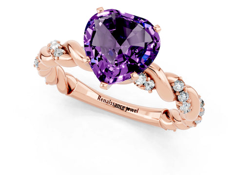 Rose gold Heart Cut Amethyst Solitaire Ring with Twisted Band and Pavé Accents_1