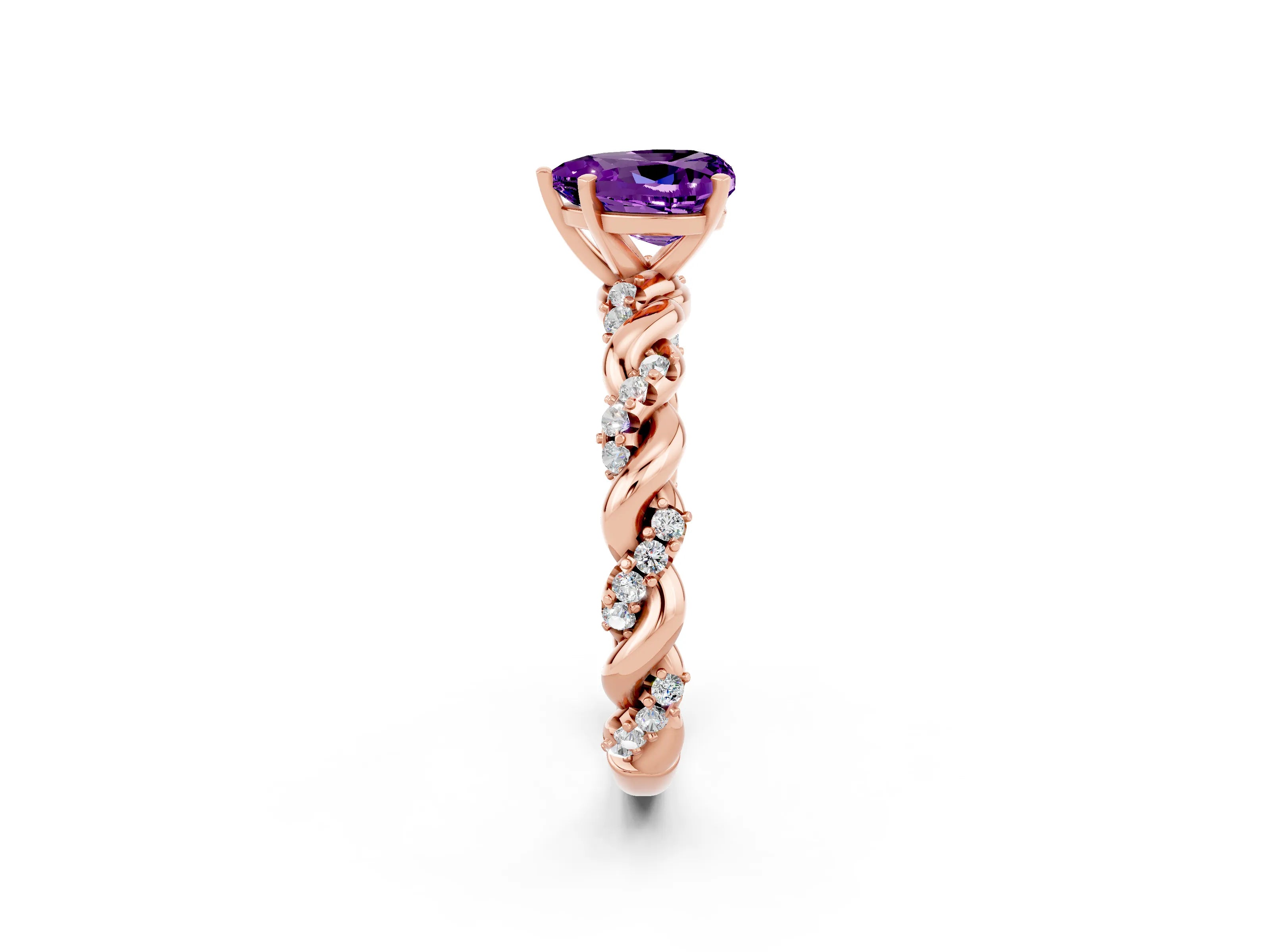 Rose gold Heart Cut Amethyst Solitaire Ring with Twisted Band and Pavé Accents_2
