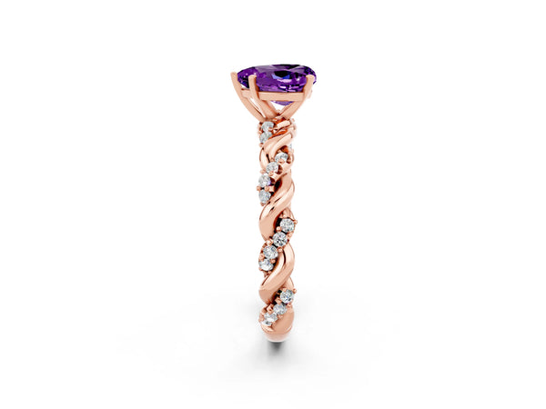 Rose gold Heart Cut Amethyst Solitaire Ring with Twisted Band and Pavé Accents