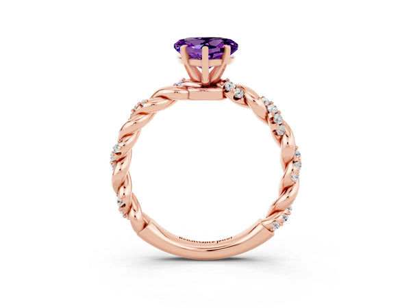 Rose gold Heart Cut Amethyst Solitaire Ring with Twisted Band and Pavé Accents