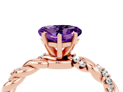 Rose gold Heart Cut Amethyst Solitaire Ring with Twisted Band and Pavé Accents_4