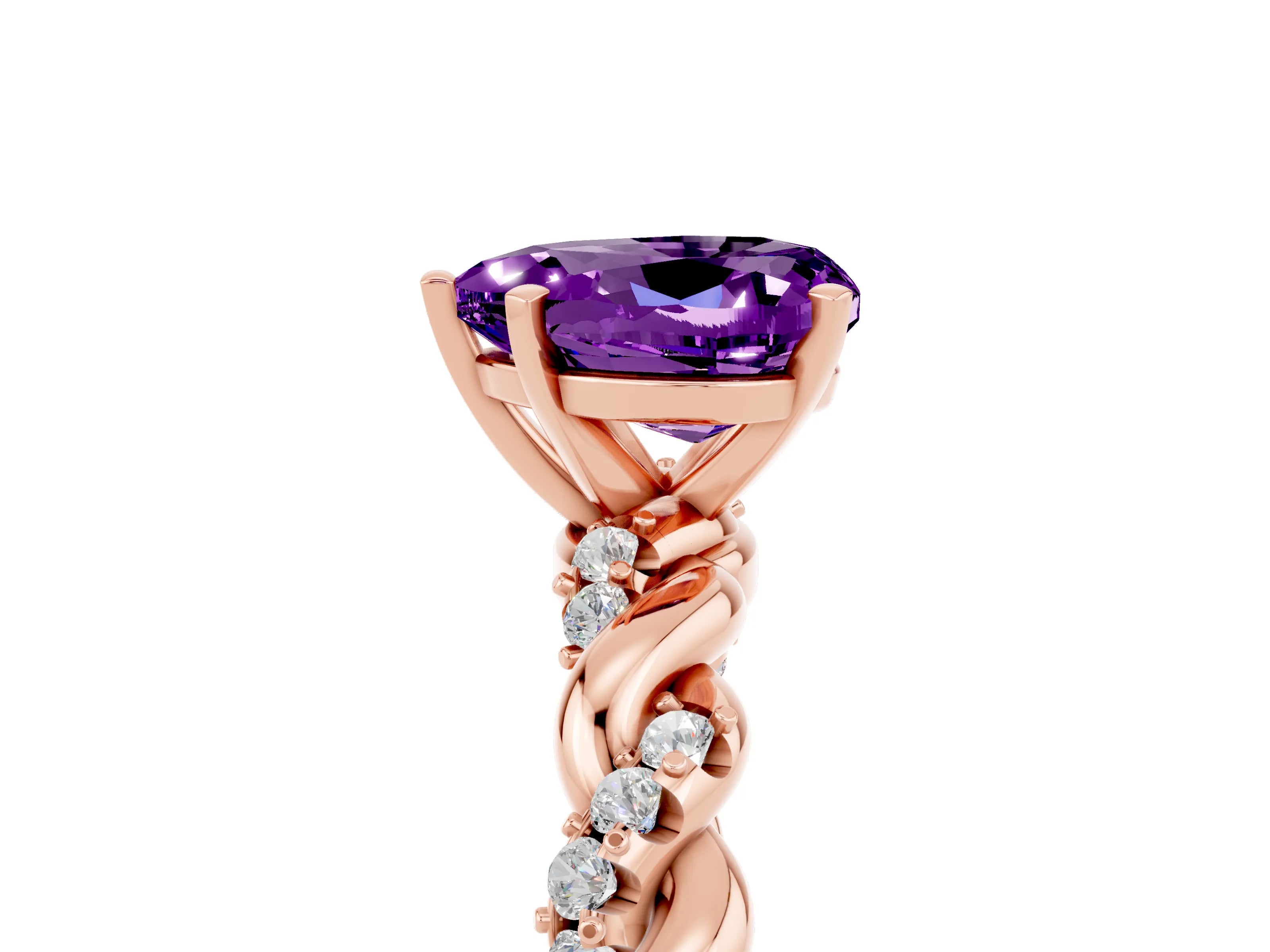 Rose gold Heart Cut Amethyst Solitaire Ring with Twisted Band and Pavé Accents_5