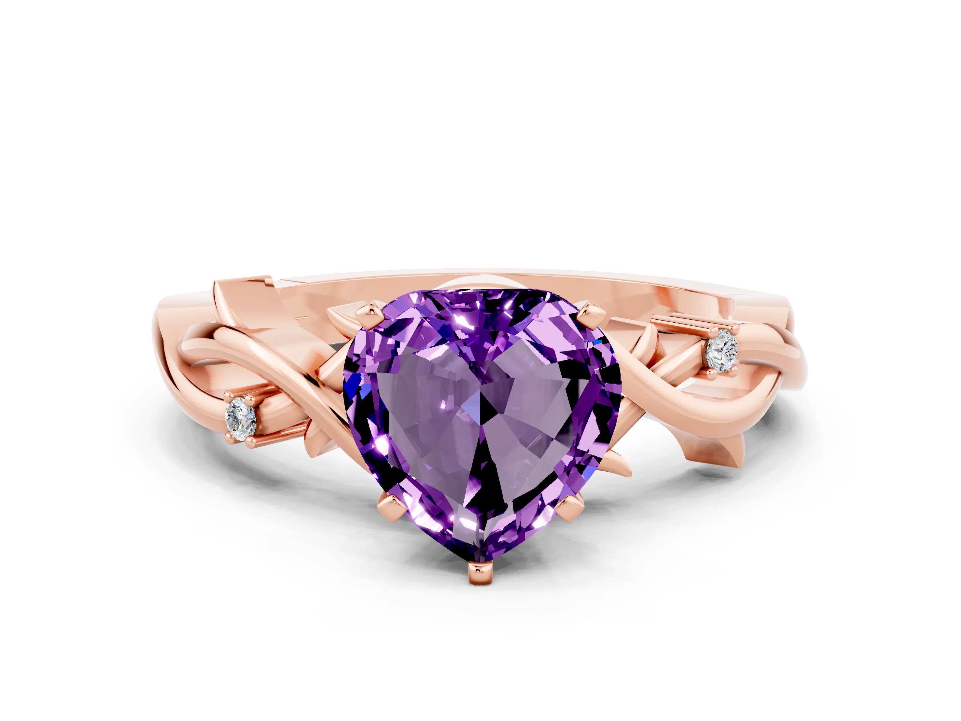 Rose gold Heart Cut Amethyst Solitaire Ring with Twisted Band and Prong Setting