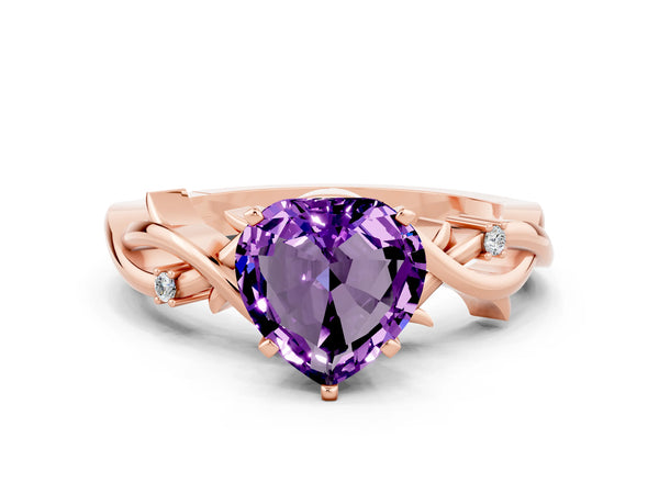 Rose gold Heart Cut Amethyst Solitaire Ring with Twisted Band and Prong Setting