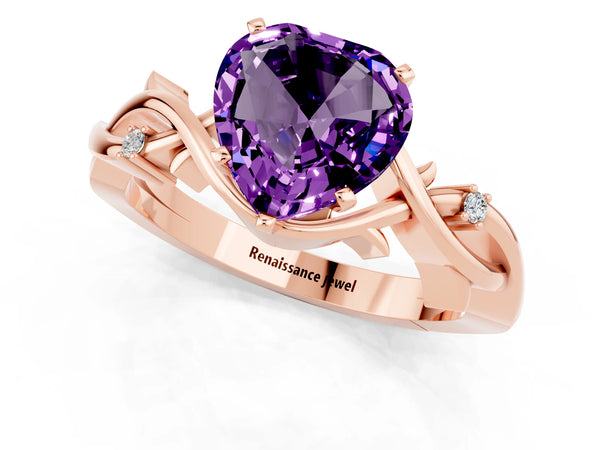 Rose gold Heart Cut Amethyst Solitaire Ring with Twisted Band and Prong Setting