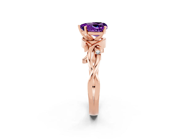 Rose gold Heart Cut Amethyst Solitaire Ring with Twisted Band and Prong Setting