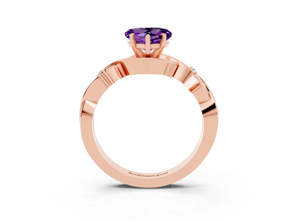 Rose gold Heart Cut Amethyst Solitaire Ring with Twisted Band and Prong Setting